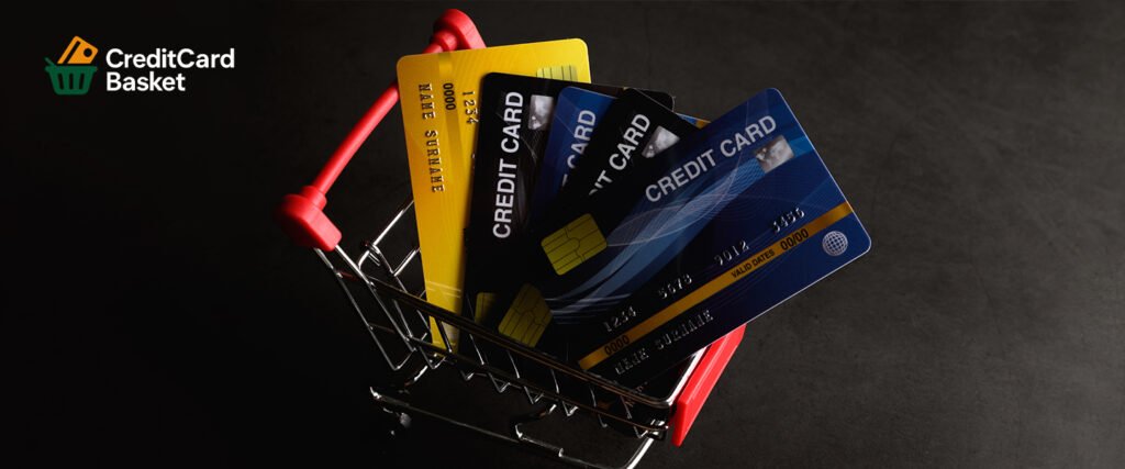A shopping cart filled with multiple credit cards, representing the need to watch out for credit card hidden fees while shopping in 2026.