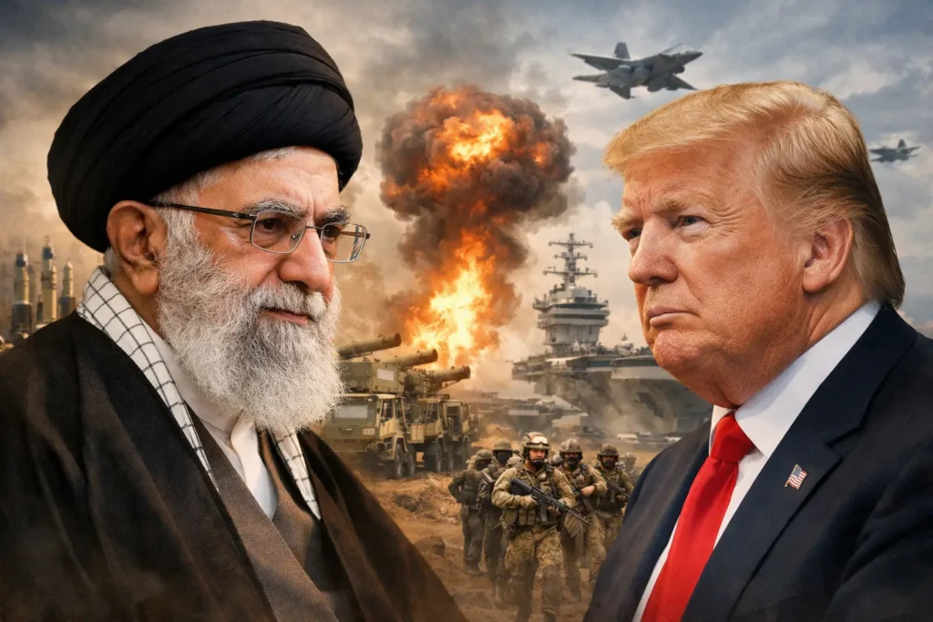 A conceptual split-screen image featuring Donald Trump and Ali Khamenei, highlighting the geopolitical tensions causing a "Black Swan" shock for the Nifty 50 index in 2026.